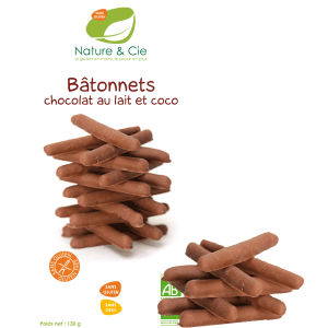 Nature & Cie Bâtonnets Chocolat au lait et coco Sans Gluten 130g Nature & Cie Bâtonnets Chocolat au lait et coco Sans Gluten 130g