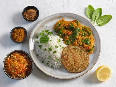 Dahl de lentilles corail noix de coco et galettes de pois chiches