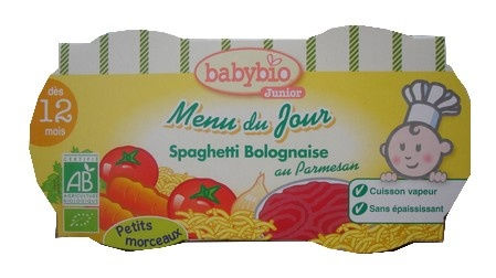 Babybio junior : Menu du jour , Spaghetti Bolognaise, au Parmesan ( Dès 12 mois ) 2X220g Babybio junior : Menu du jour , Spaghetti Bolognaise, au Parmesan ( Dès 12 mois ) 2X220g