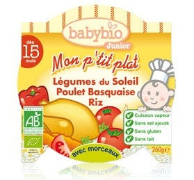 Babybio junior : Mon p'tit plat , Légumes du soleil et Poulet Basquaise riz ( dèes 15 mois ) 260g Babybio junior : Mon p'tit plat , Légumes du soleil et Poulet Basquaise riz ( dèes 15 mois ) 260g