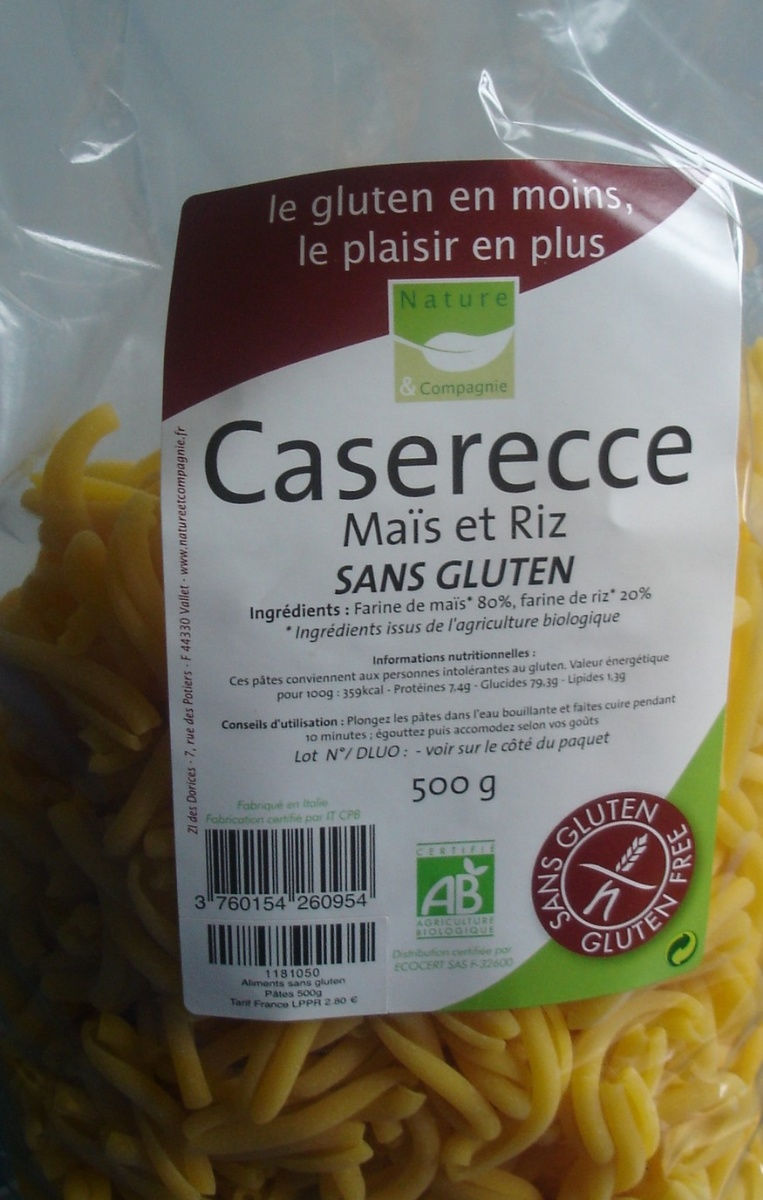 Nature & Cie, Caserecce Mais et Riz Sans Gluten 500g 